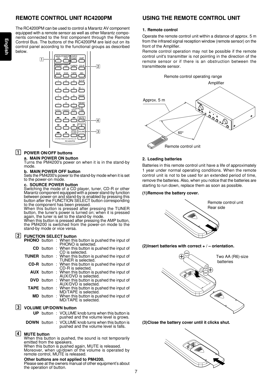 Marantz PM4200 manual Remote Control Unit RC4200PM, Using the Remote Control Unit 