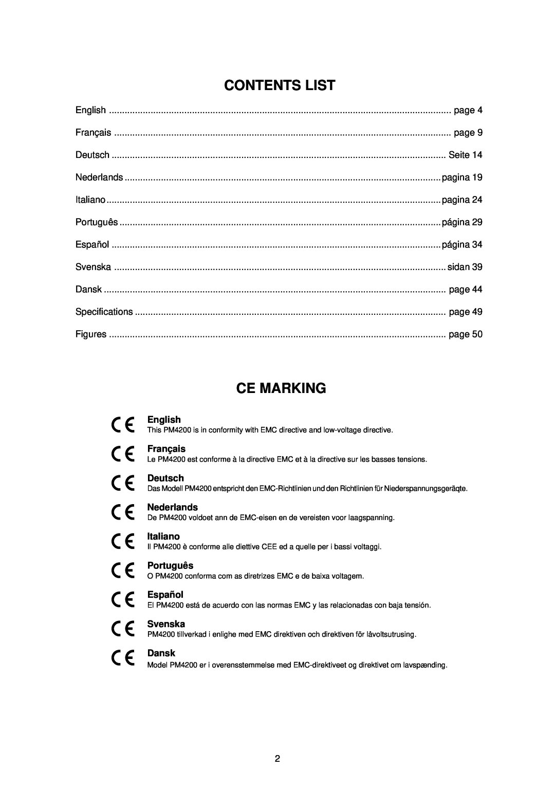 Marantz PM4200 Contents List, Ce Marking, English, Franç ais, Deutsch, Nederlands, Italiano, Portuguê s, Españ ol, Svenska 
