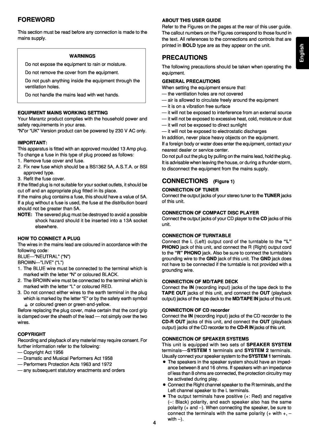 Marantz PM4200 manual Foreword, Precautions, CONNECTIONS Figure, English 