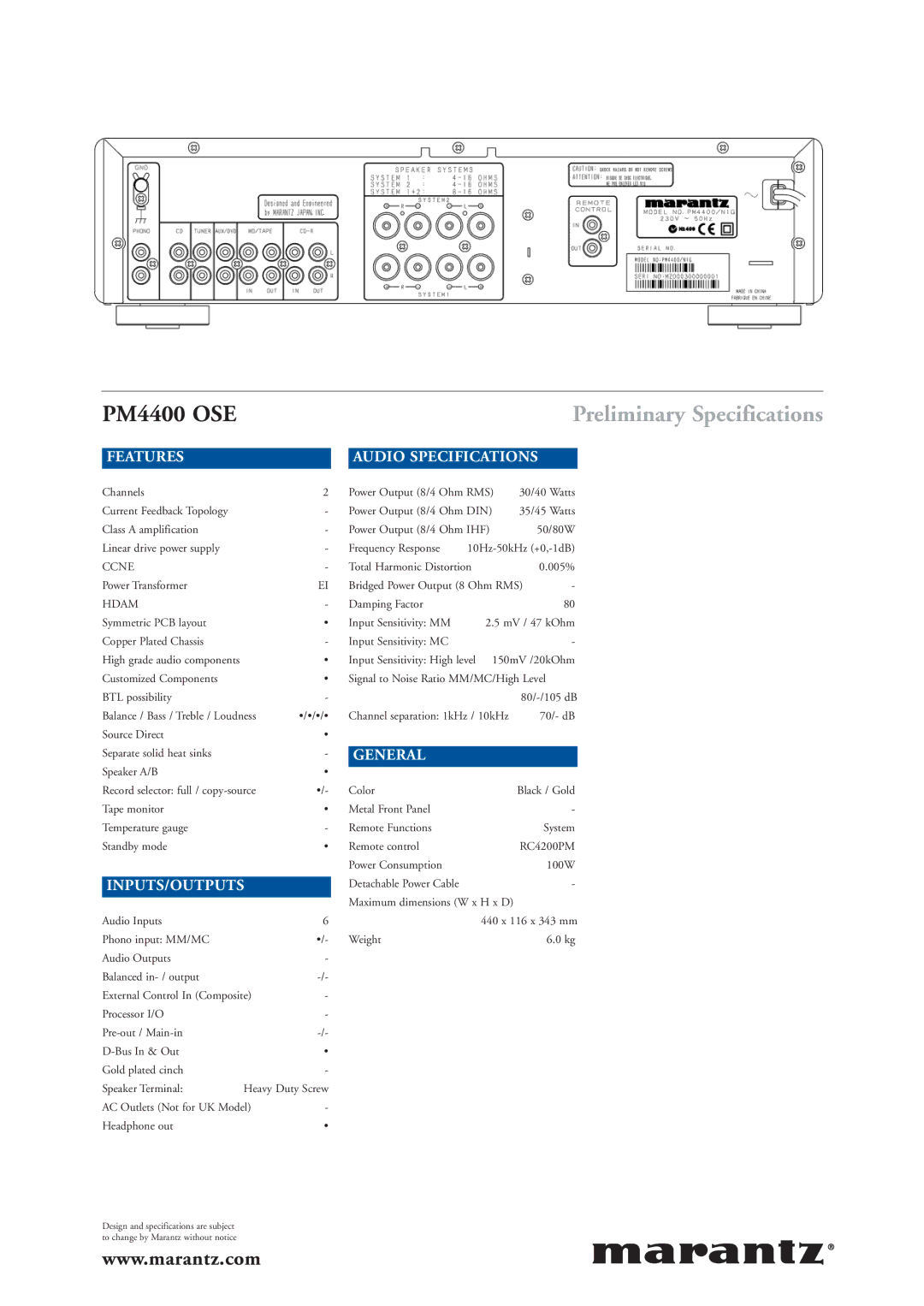 Marantz PM4400 OSE manual Preliminary Specifications 