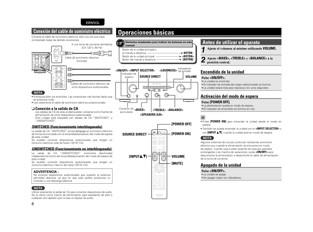 Marantz PM5004 Operaciones básicas, Antes de utilizar el aparato, Encendido de la unidad, Activación del modo de espera 