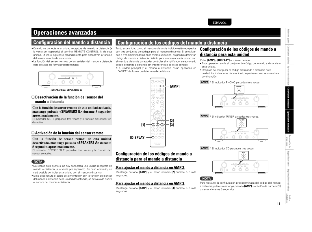 Marantz PM5004 manual Operaciones avanzadas, Conﬁguración de los códigos del mando a distancia 