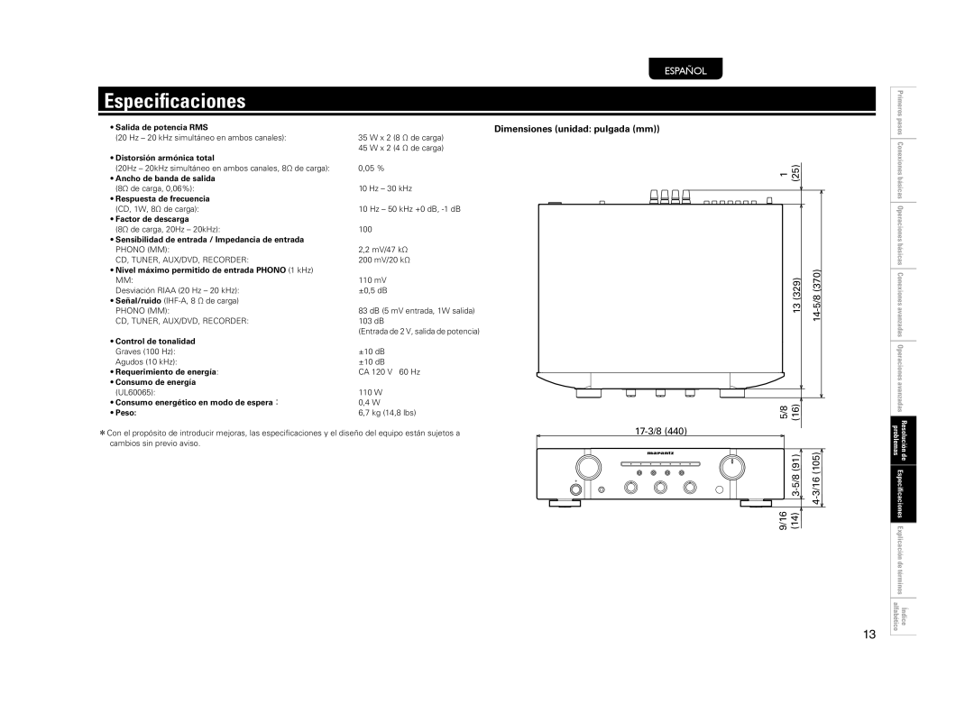 Marantz PM5004 manual Especiﬁcaciones 