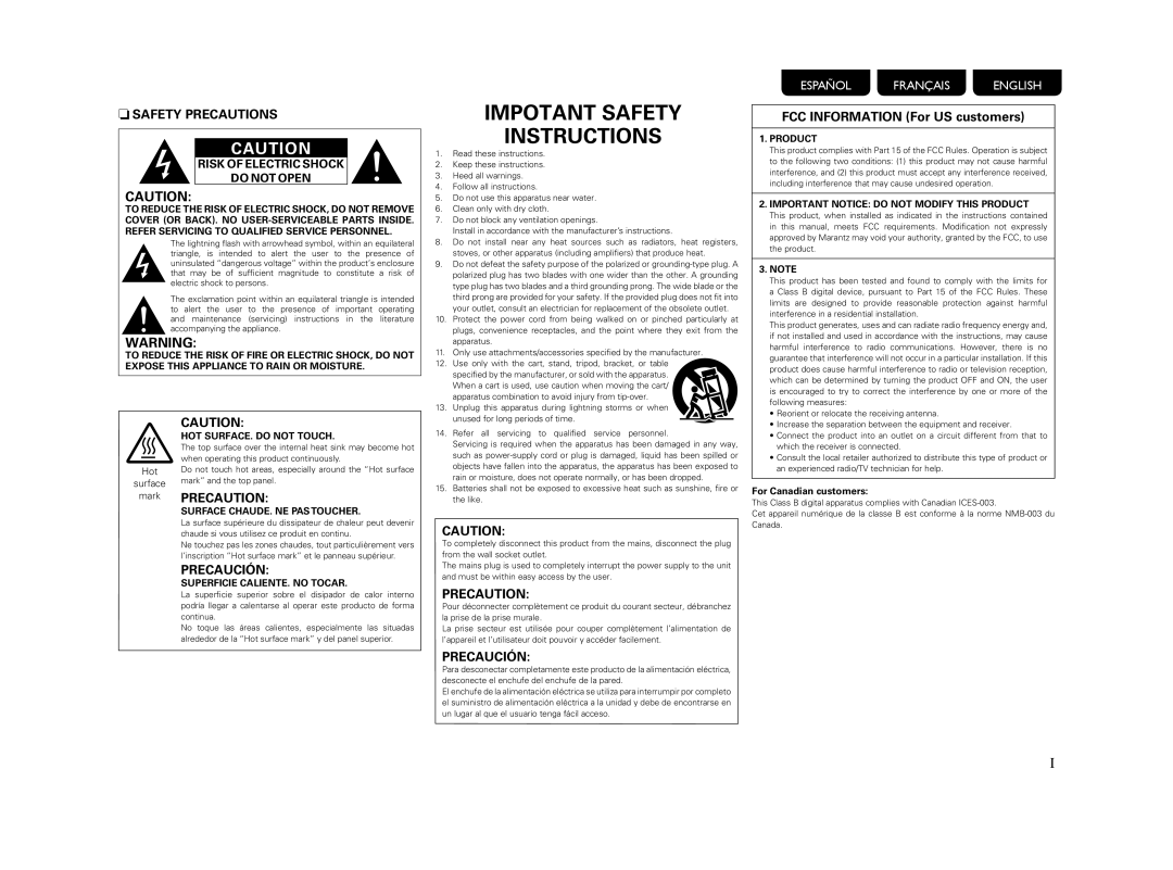 Marantz PM5004 manual NSAFETY Precautions, For Canadian customers 