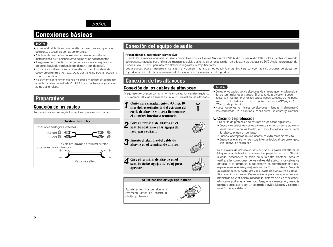 Marantz PM5004 manual Conexiones básicas, Conexión del equipo de audio, Preparativos, Conexión de los altavoces 