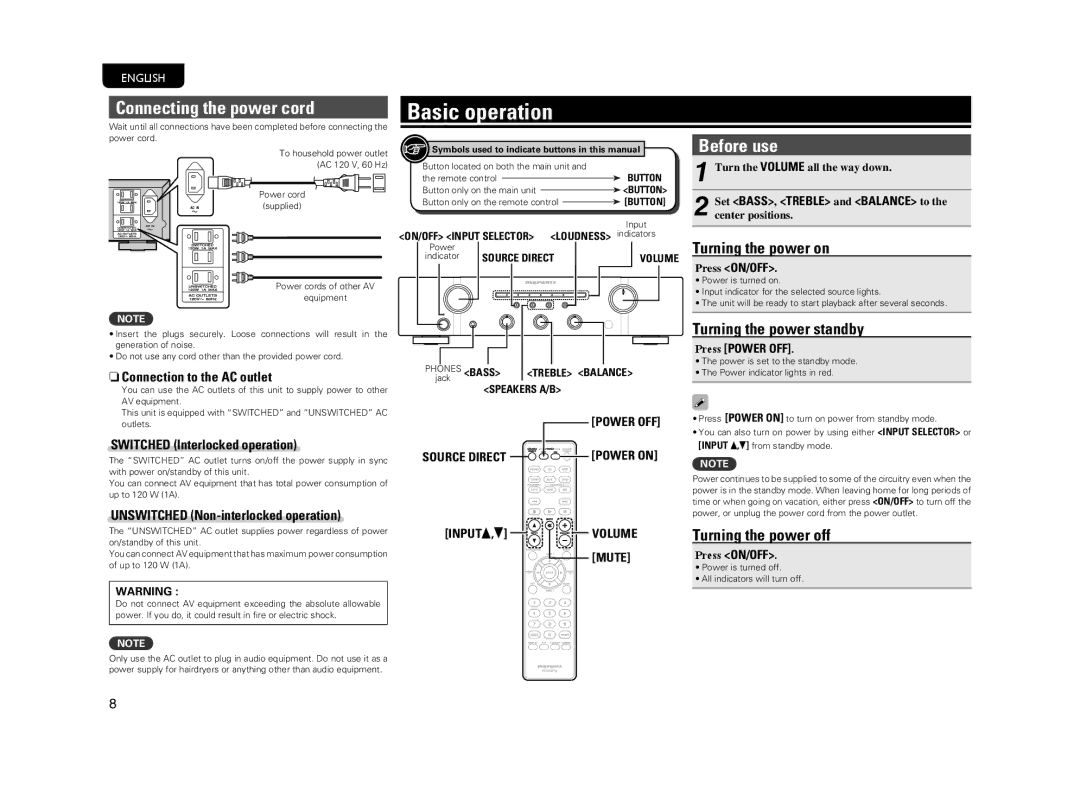 Marantz PM5004 manual Basic operation, Connecting the power cord, Before use 