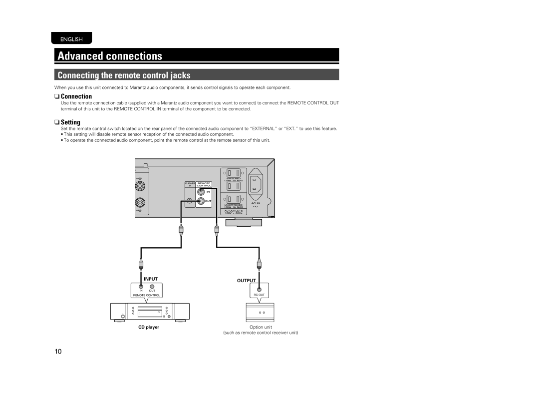 Marantz PM5004 manual Advanced connections, Connecting the remote control jacks, Connection, Setting, Input Output 