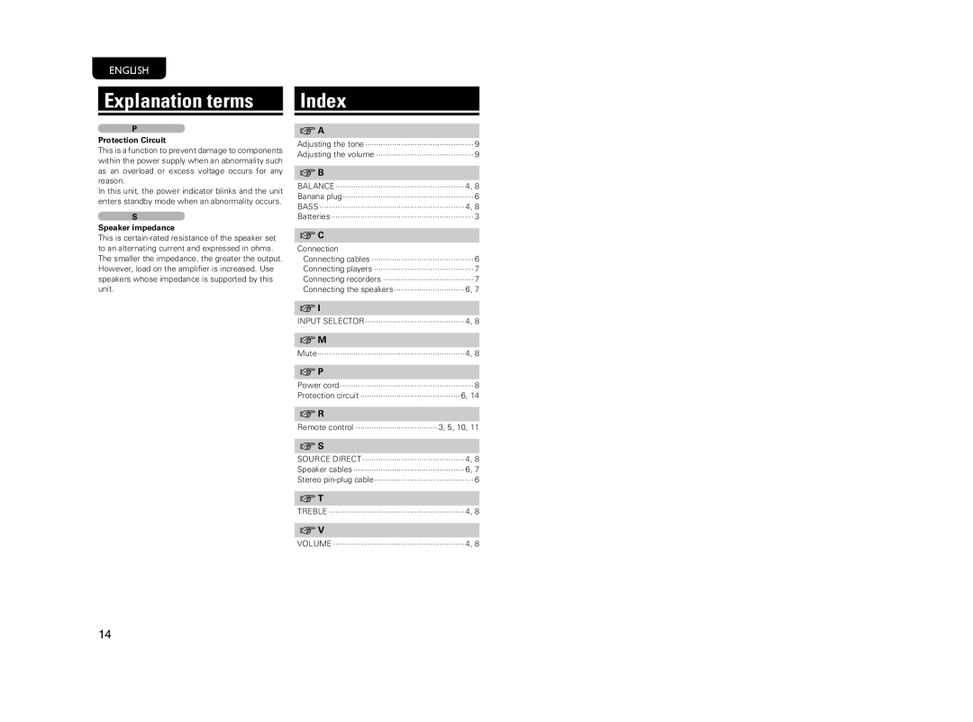 Marantz PM5004 manual Explanation terms, Index, Protection Circuit, Speaker impedance 