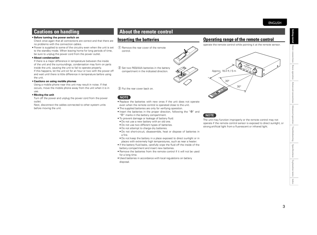 Marantz PM5004 manual About the remote control, Inserting the batteries, Operating range of the remote control 