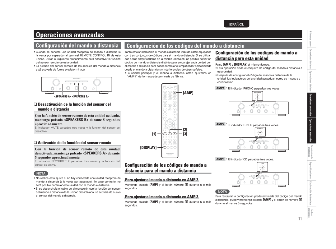 Marantz PM5004 manual Operaciones avanzadas, Conﬁguración de los códigos del mando a distancia, 2 1 DISPLAY, Español 