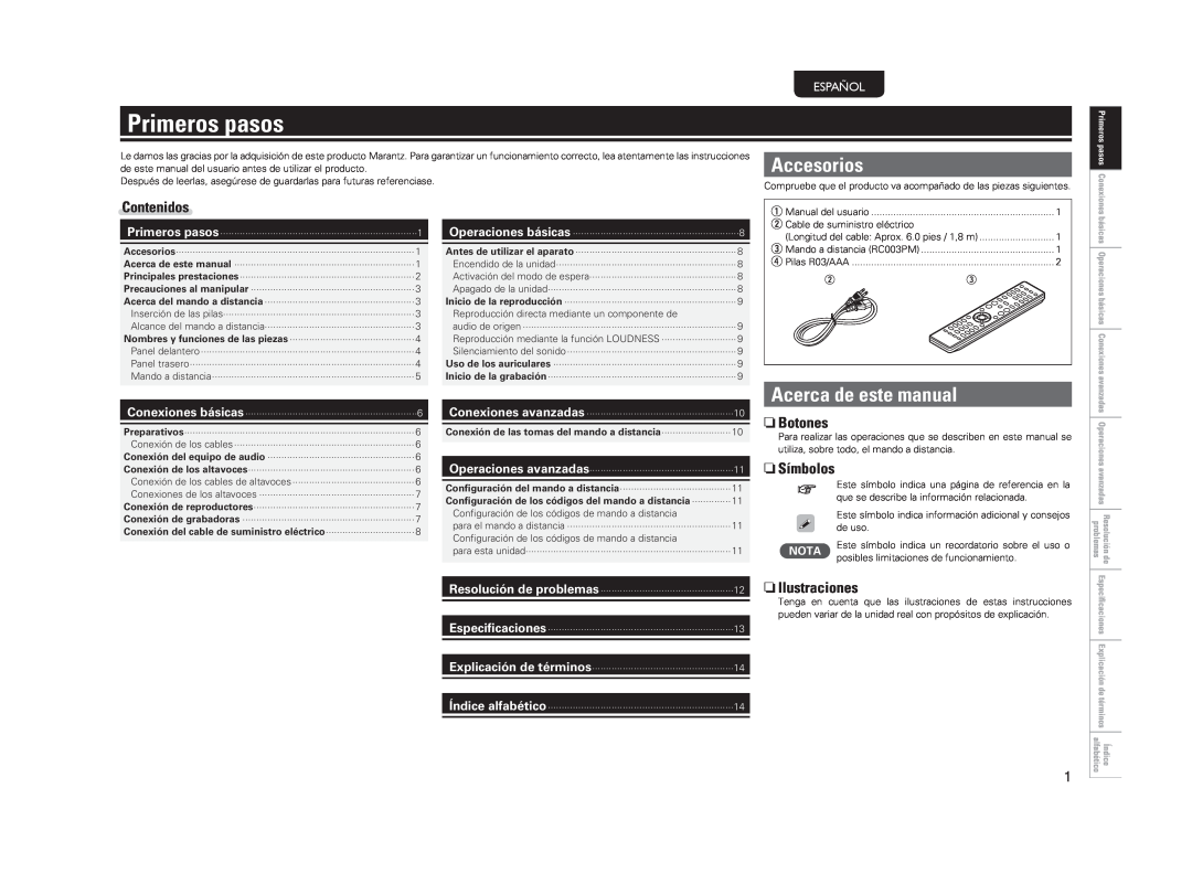 Marantz PM5004 Primeros pasos, Accesorios, Acerca de este manual, Contenidos, nBotones, nSímbolos, nIlustraciones, Español 