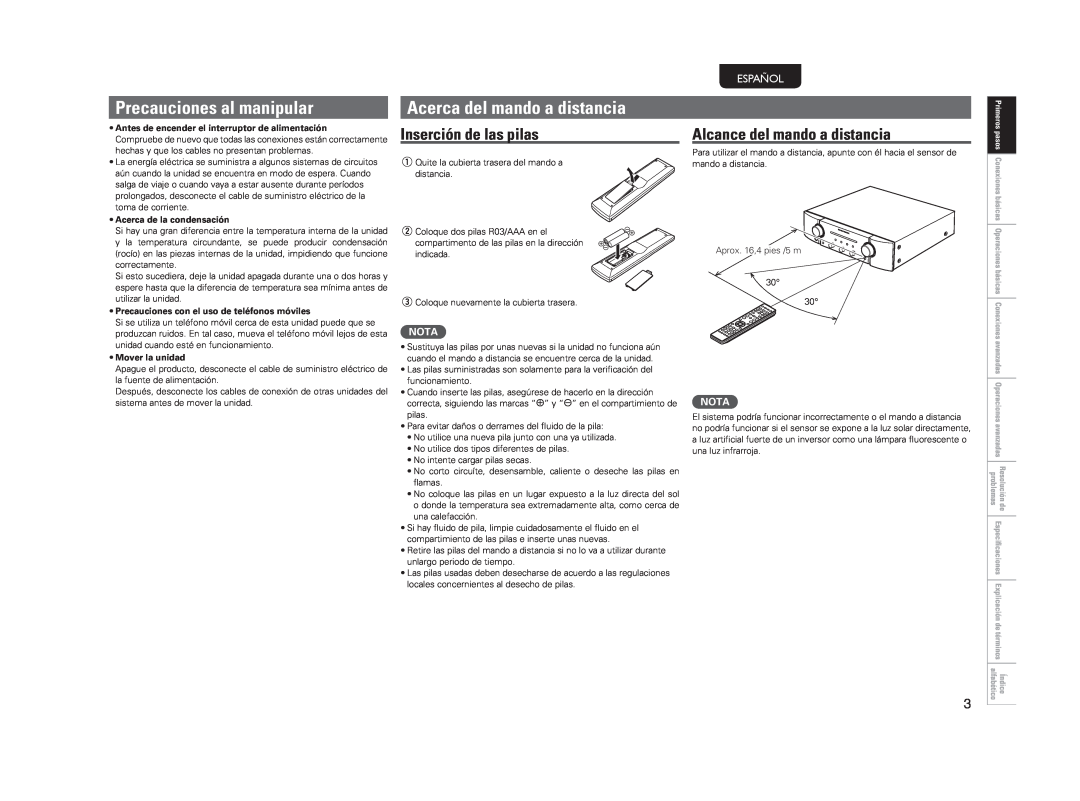 Marantz PM5004 manual Precauciones al manipular, Acerca del mando a distancia, Inserción de las pilas, Español, Nota 