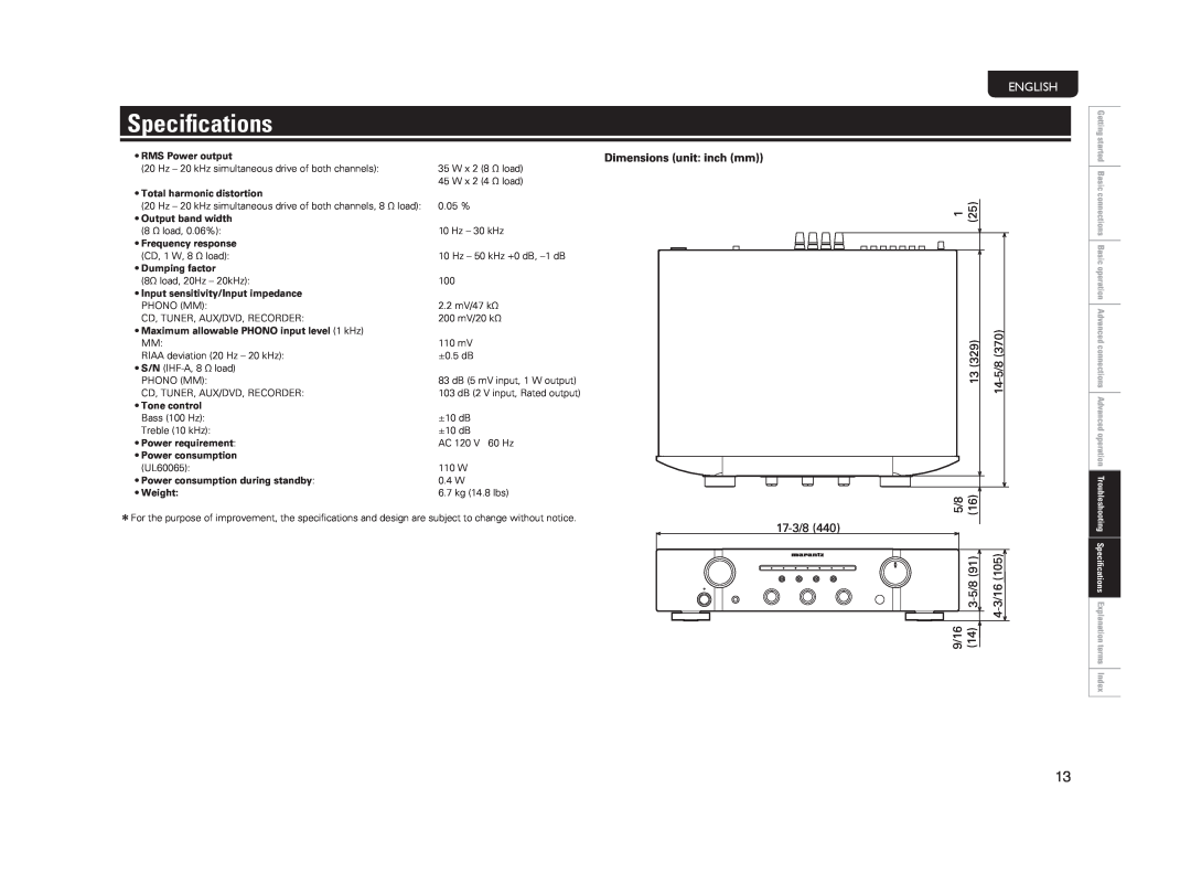 Marantz PM5004 manual Speciﬁcations, English, 17-3/8440, 3-5/891, 3/16105, 9/16, Dimensions unit inch mm, RMS Power output 
