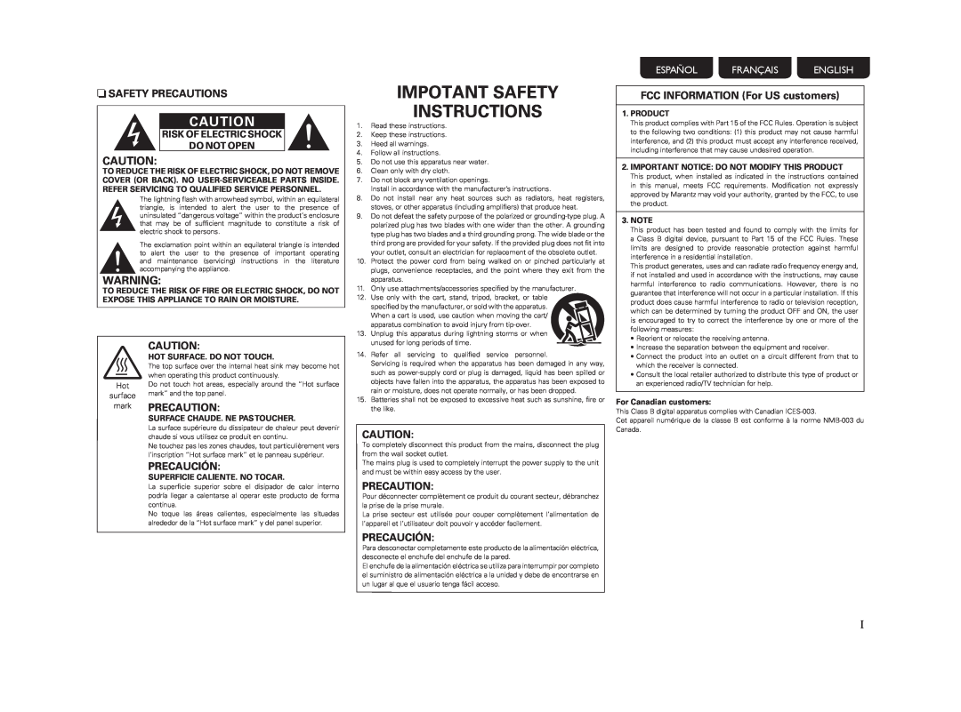 Marantz PM5004 nSAFETY PRECAUTIONS, Precaution, Precaución, FCC INFORMATION For US customers, Español Français English 