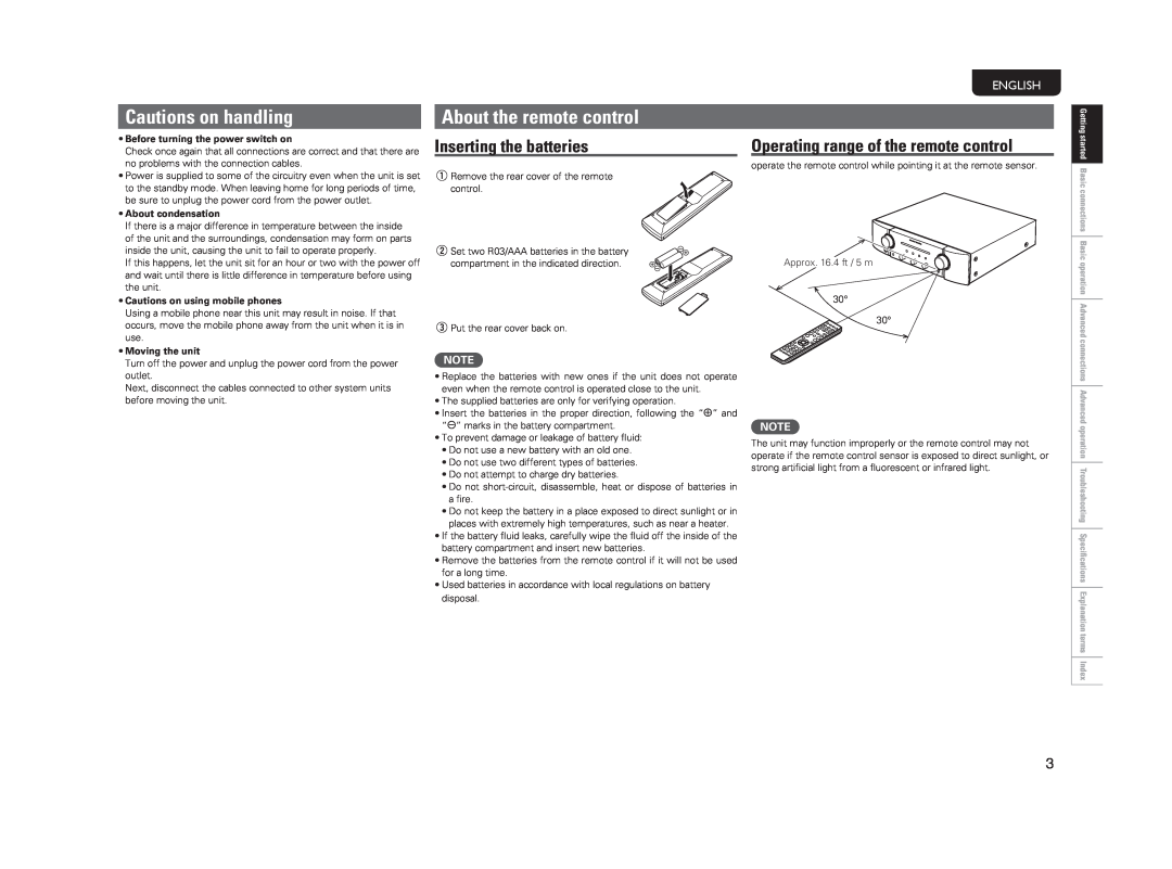 Marantz PM5004 manual Cautions on handling, About the remote control, Inserting the batteries, English, About condensation 