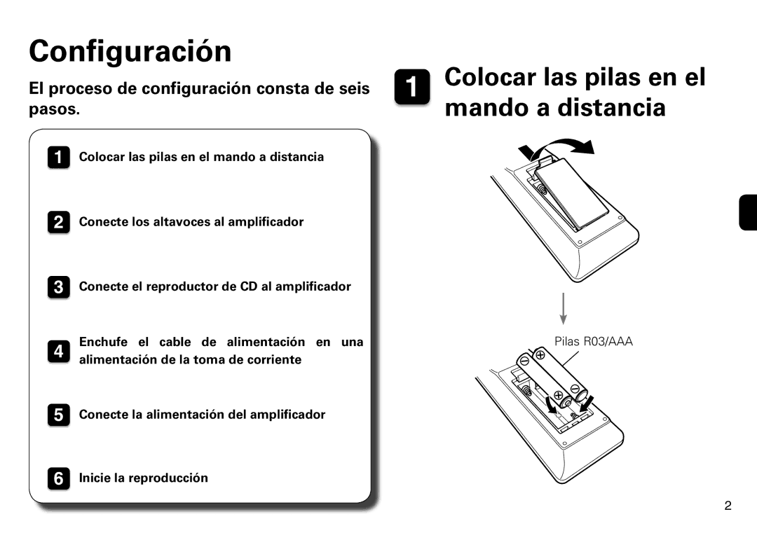 Marantz PM5005 quick start Configuración, Colocar las pilas en el mando a distancia 