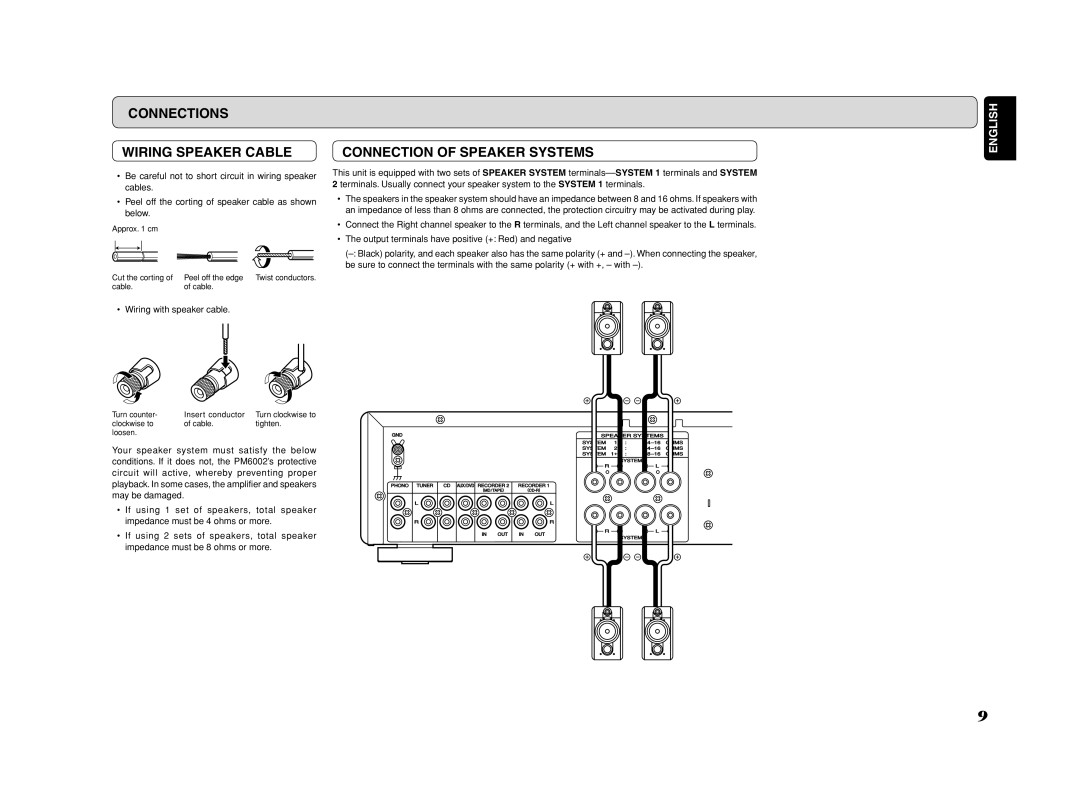 Marantz PM6002 manual Connections Wiring Speaker Cable, Connection of Speaker Systems 