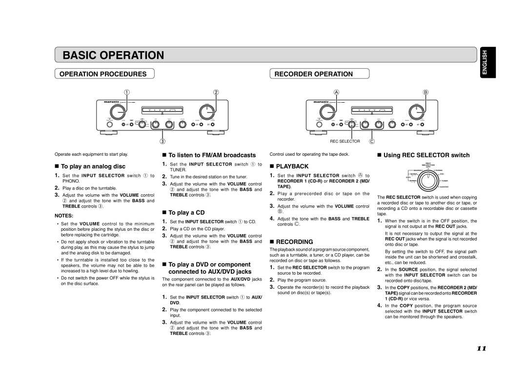 Marantz PM6002 manual Basic Operation, Operation Procedures Recorder Operation 