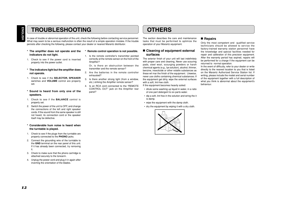 Marantz PM6002 manual Troubleshooting, Others, Repairs, Cleaning of equipment external Surfaces 