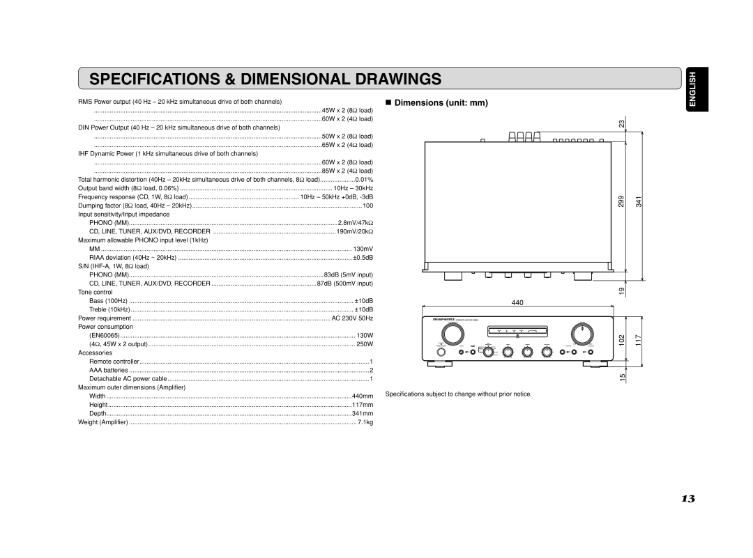 Marantz PM6002 manual Specifications & Dimensional Drawings, Dimensions unit mm 