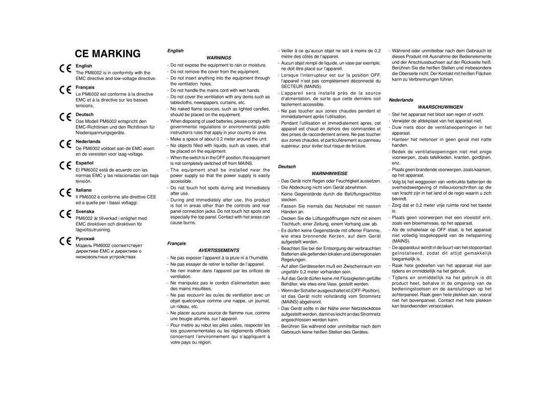 Marantz PM6002 manual CE Marking 