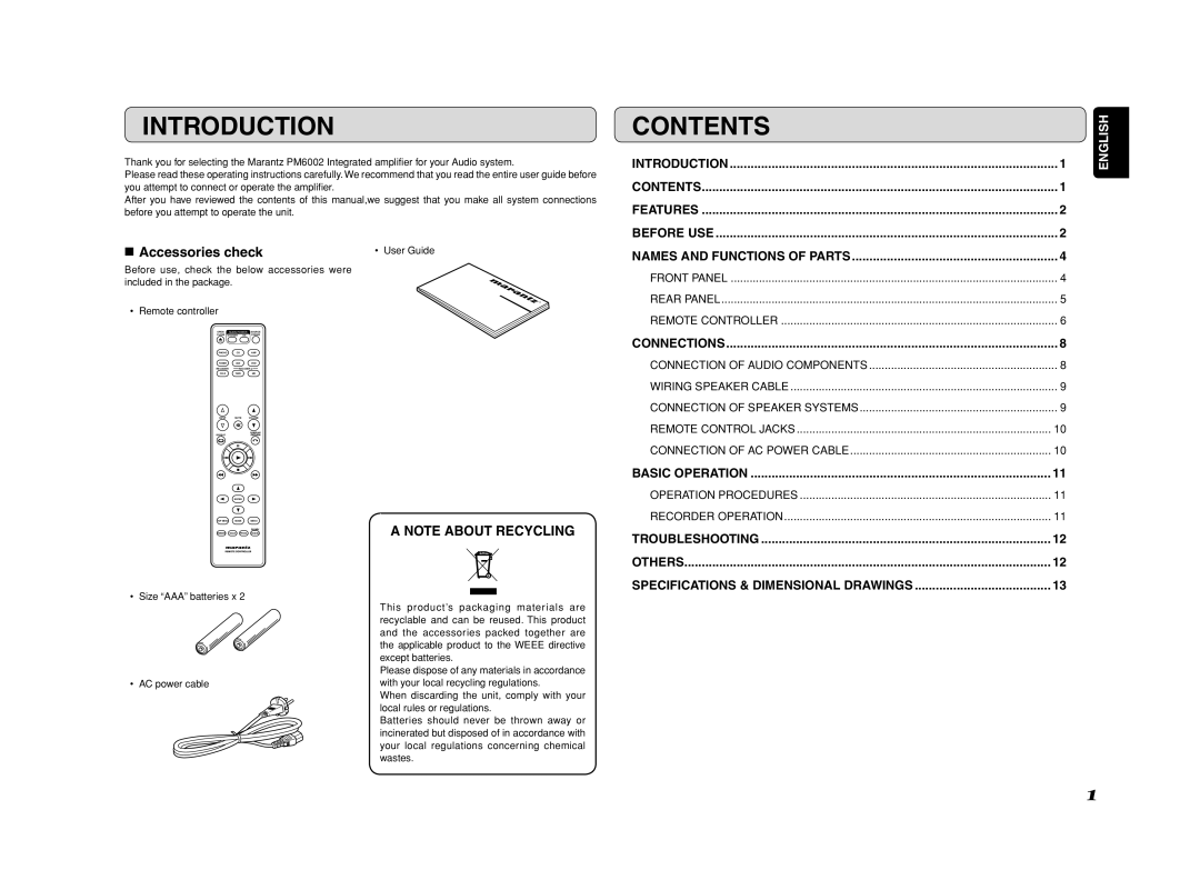 Marantz PM6002 manual Introduction, Contents 