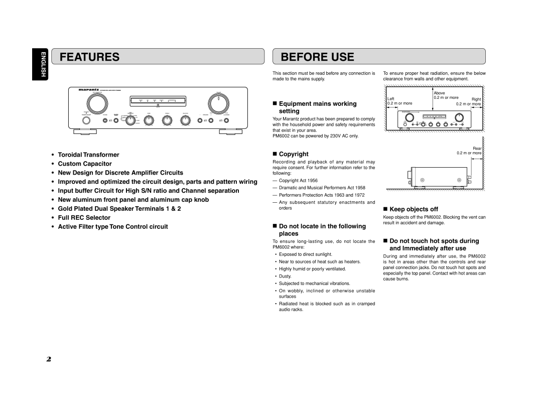 Marantz PM6002 manual Features, Before USE 