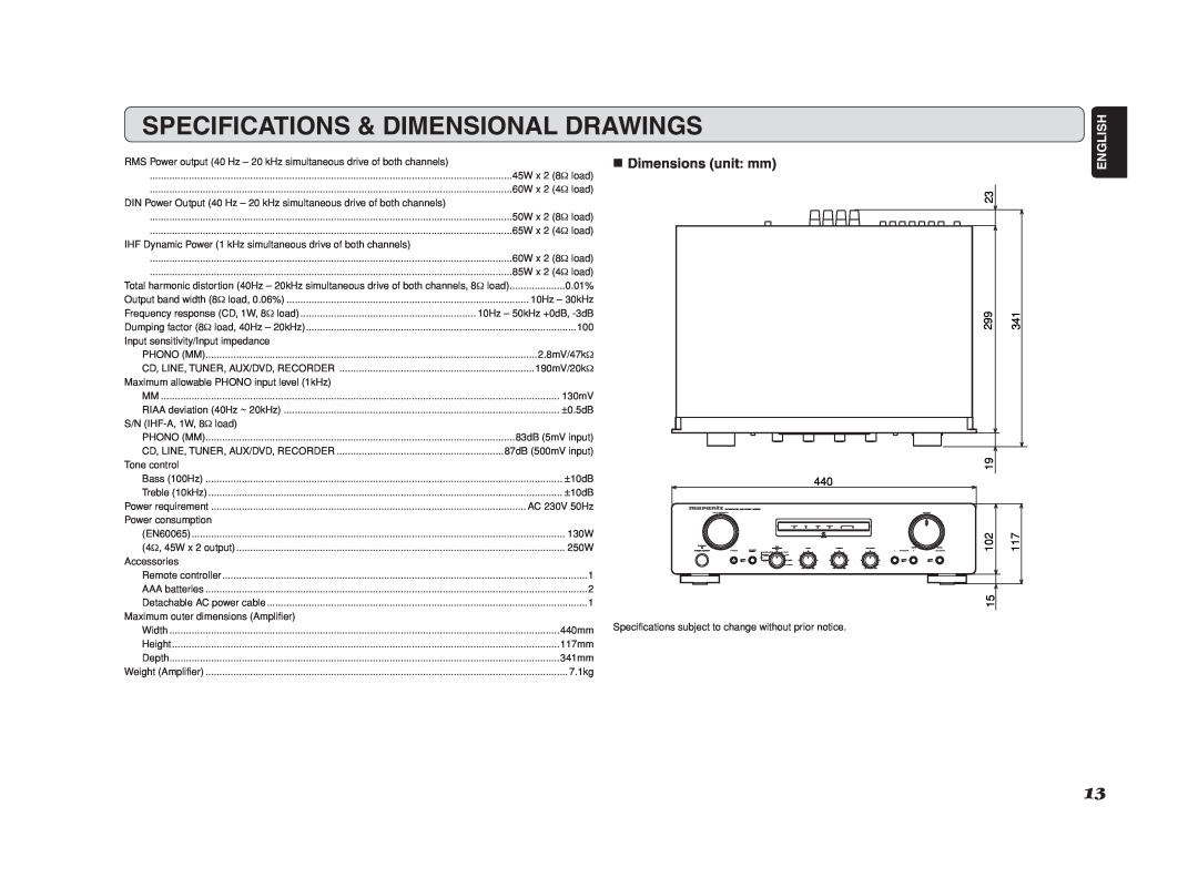 Marantz PM6002 manual Specifications & Dimensional Drawings, 7Dimensions unit mm, English 
