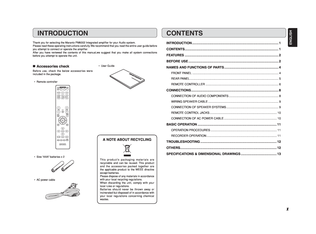 Marantz PM6002 manual Introduction, Contents, 7Accessories check, A Note About Recycling, English 