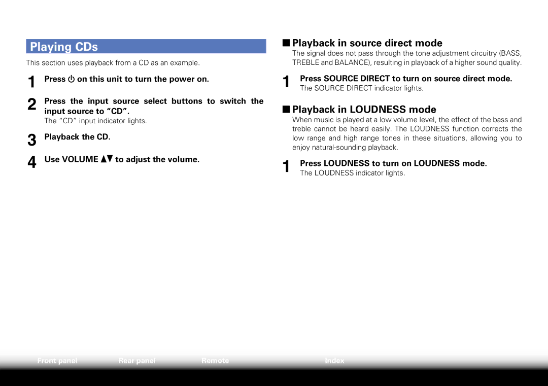 Marantz PM6005 appendix Playing CDs, 22Playback in source direct mode, 22Playback in Loudness mode 