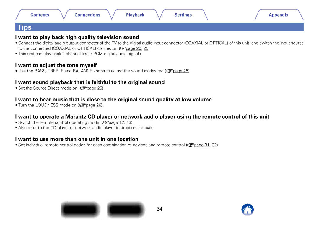 Marantz PM6005 appendix Tips, Want to play back high quality television sound, Want to adjust the tone myself 