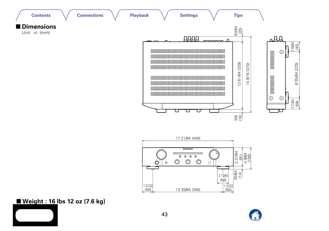 Marantz PM6005 appendix 22Weight 16 lbs 12 oz 7.6 kg, 22Dimensions 