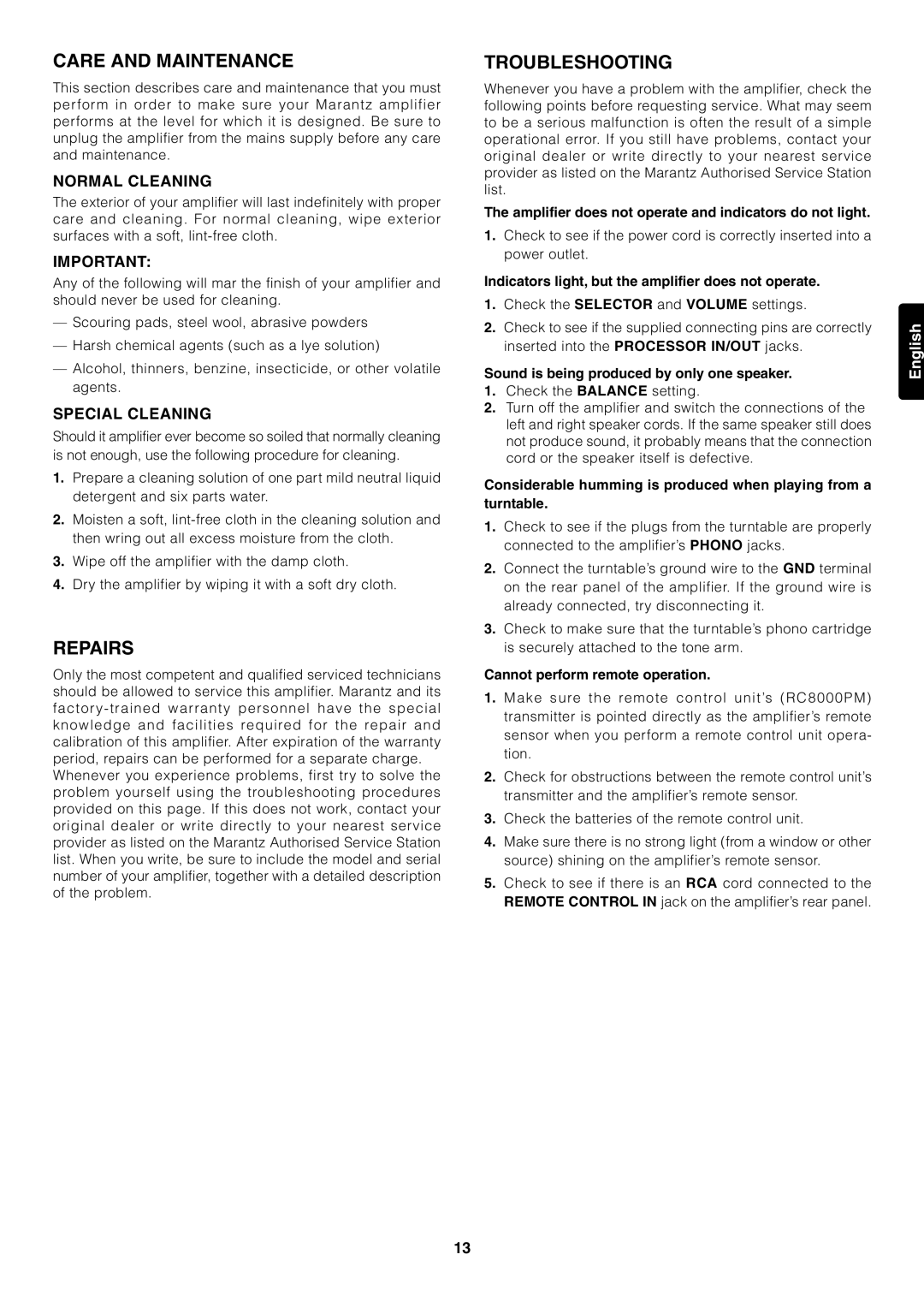 Marantz PM7000 manual Care and Maintenance, Repairs, Troubleshooting, Normal Cleaning, Special Cleaning 