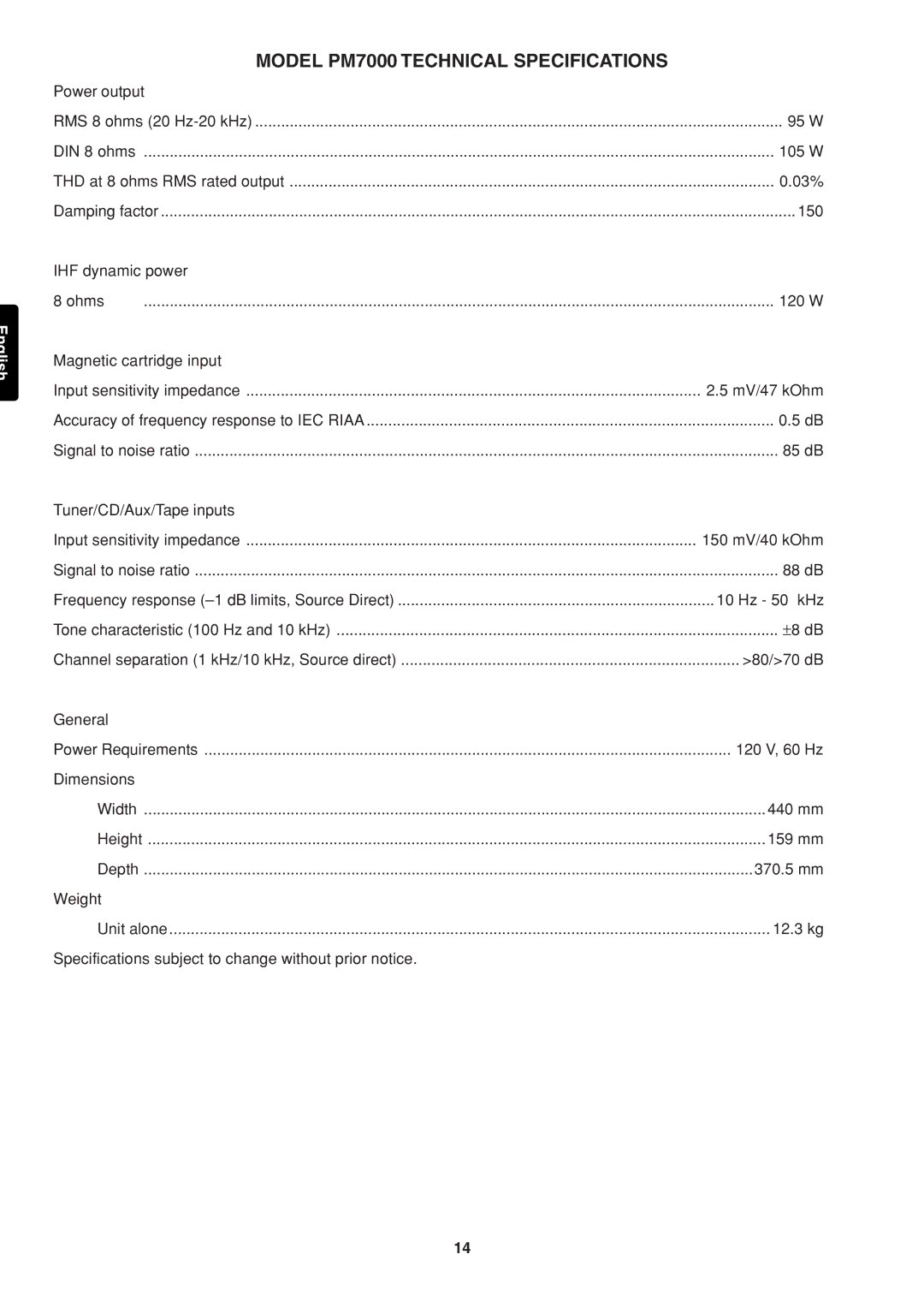 Marantz manual Model PM7000 Technical Specifications, Specifications subject to change without prior notice 