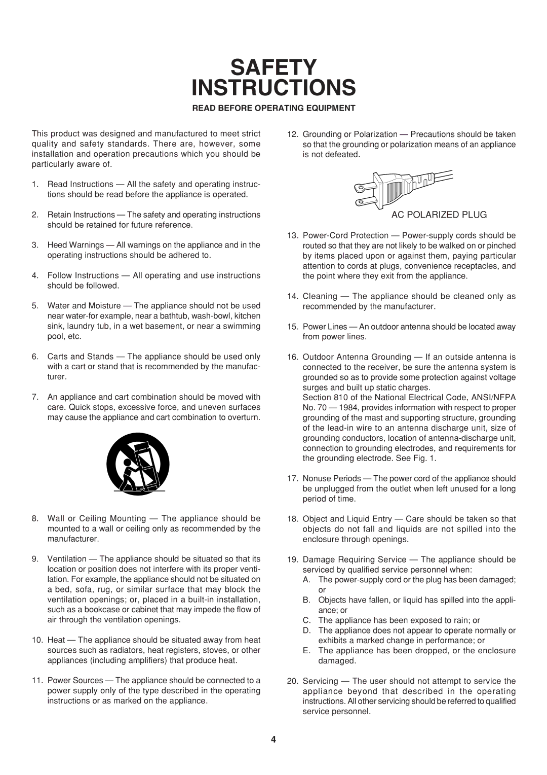 Marantz PM7000 manual Safety Instructions, Read Before Operating Equipment 