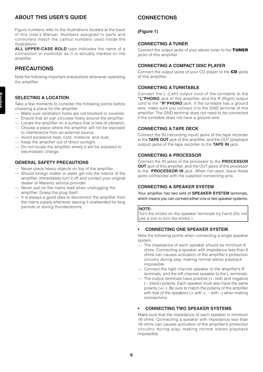 Marantz PM7000 manual About this USER’S Guide, Precautions, Connections 