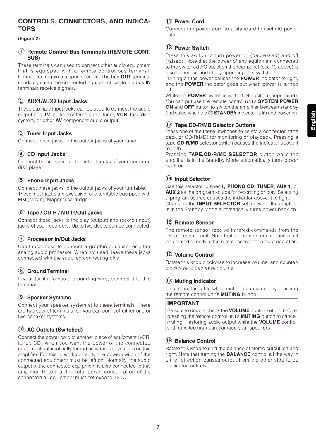 Marantz PM7000 manual CONTROLS, CONNECTORS, and INDICA- Tors, Remote Control Bus Terminals Remote CONT. BUS 