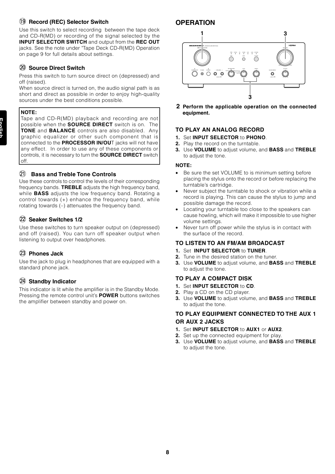 Marantz PM7000 manual Operation, To Play AN Analog Record, To Listen to AN FM/AM Broadcast, To Play a Compact Disk 