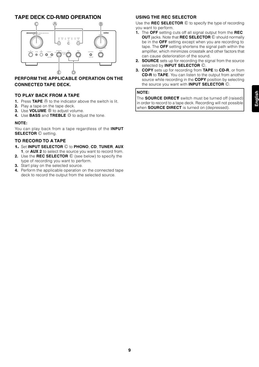 Marantz PM7000 manual Tape Deck CD-R/MD Operation, To Record to a Tape, Using the REC Selector 