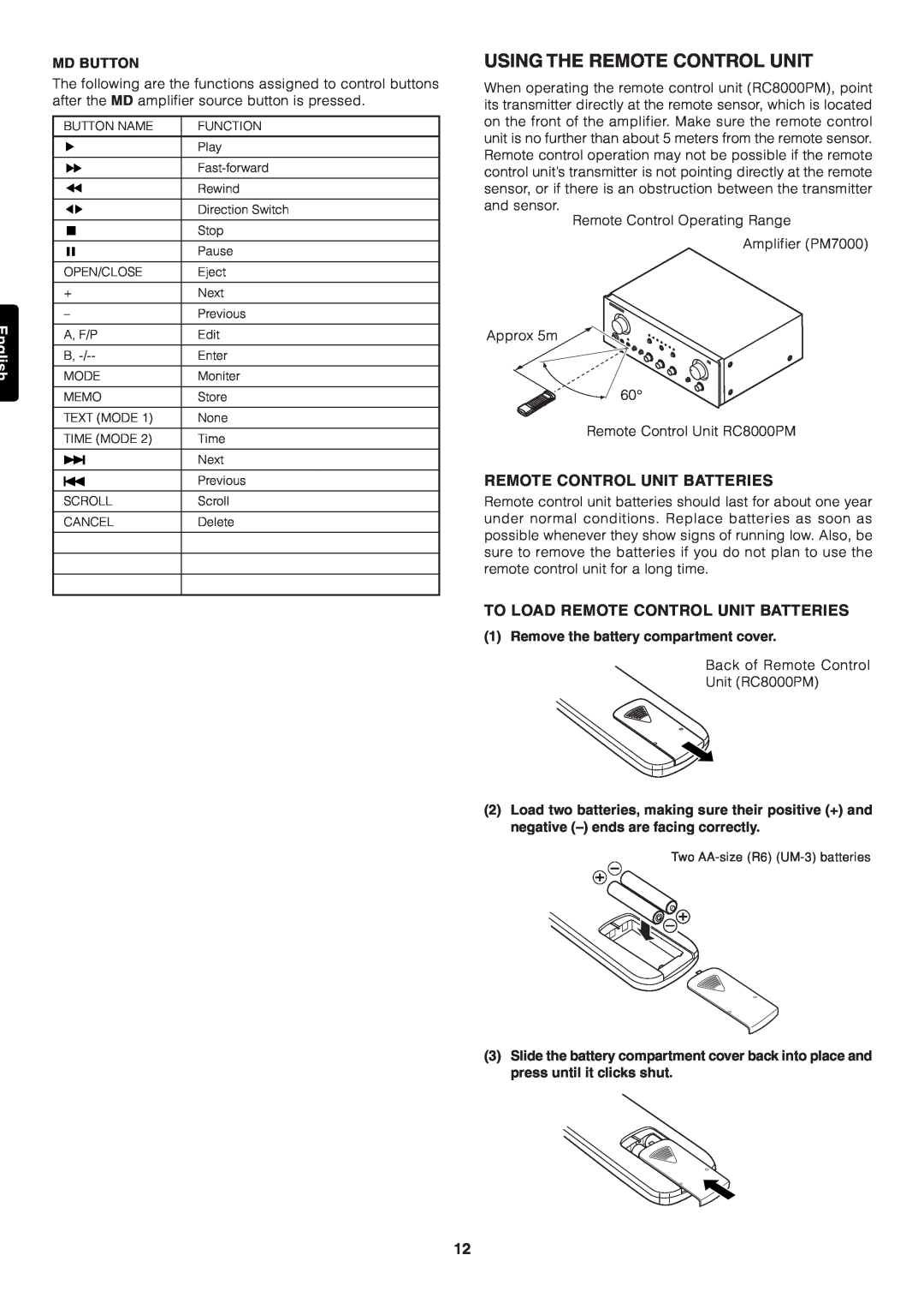 Marantz PM7000 manual Using The Remote Control Unit, English, Remote Control Unit Batteries, Md Button 