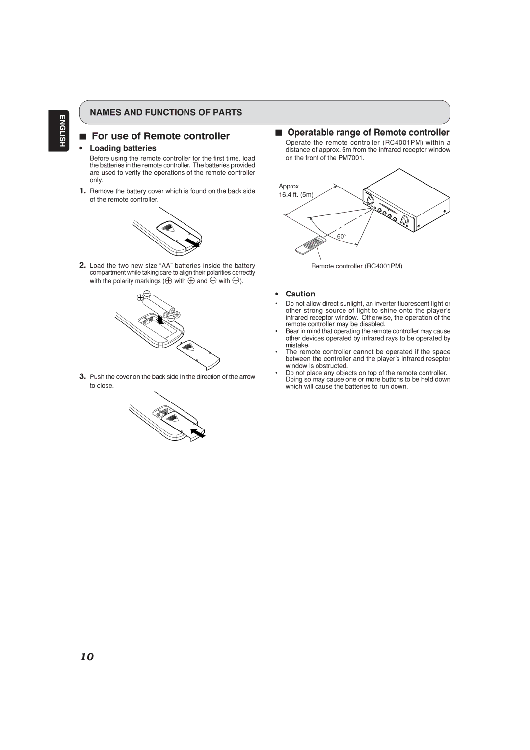 Marantz PM7001 manual For use of Remote controller, Operatable range of Remote controller, Loading batteries 