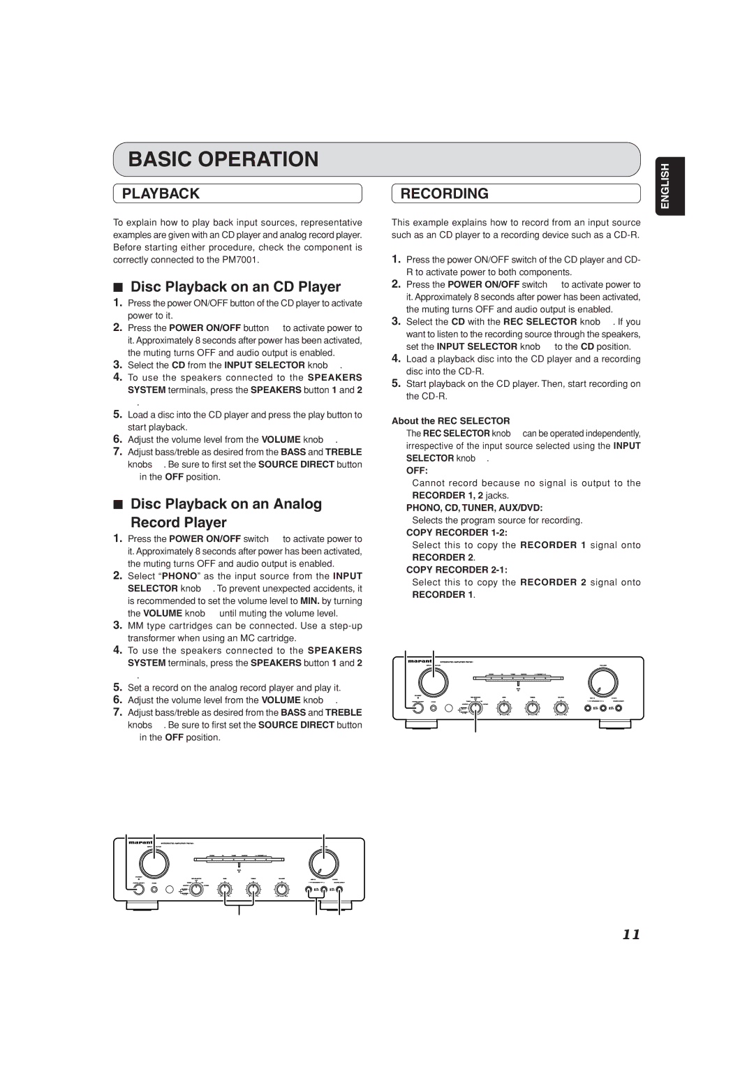 Marantz PM7001 Basic Operation, Disc Playback on an CD Player, Disc Playback on an Analog Record Player, Recording 