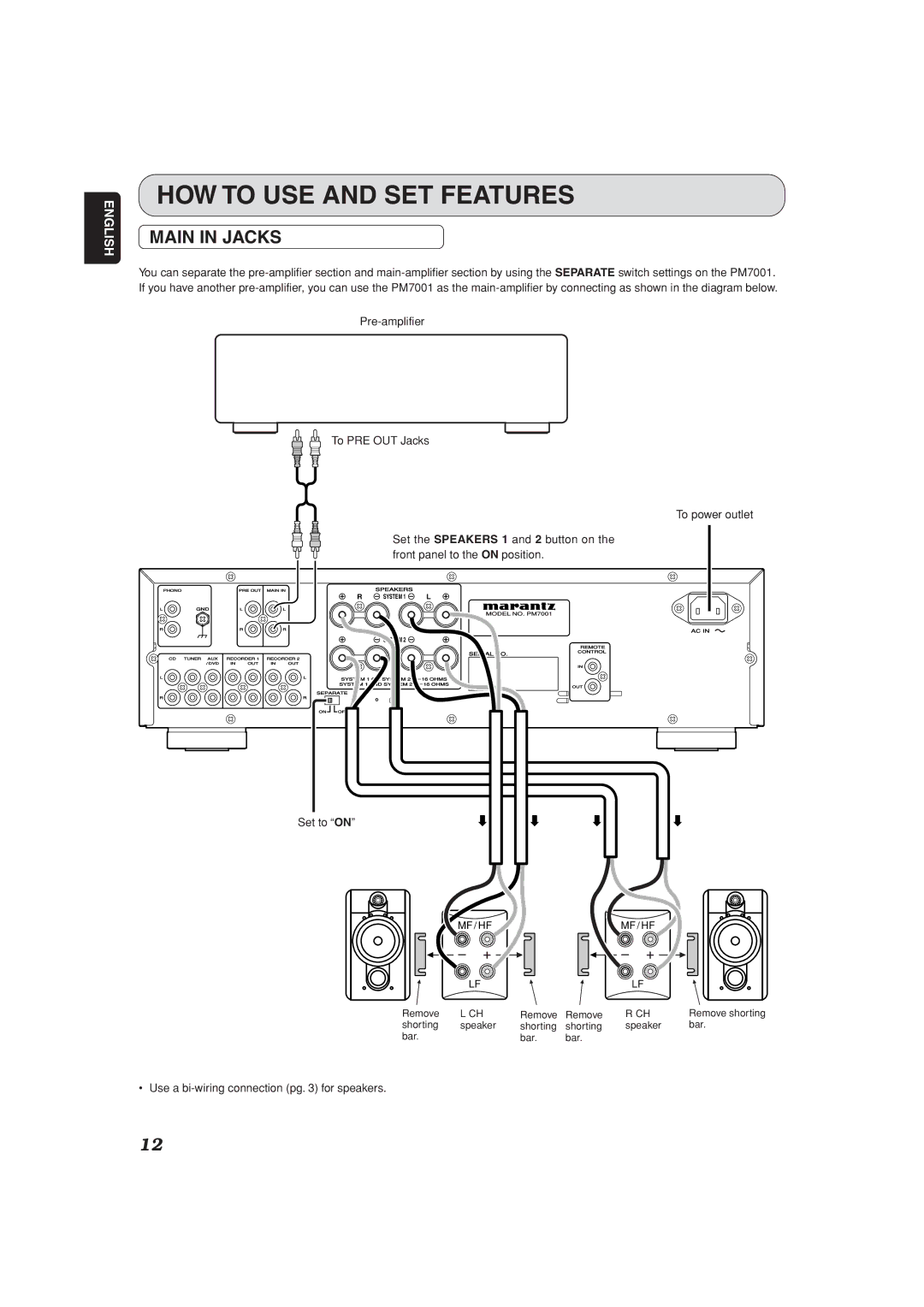 Marantz PM7001 manual HOW to USE and SET Features, Main in Jacks, Set the Speakers 1 and 2 button on 