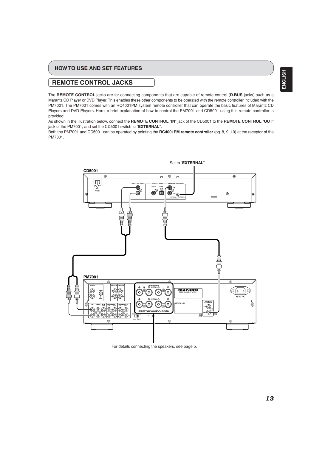 Marantz PM7001 manual Remote Control Jacks, For details connecting the speakers, see 