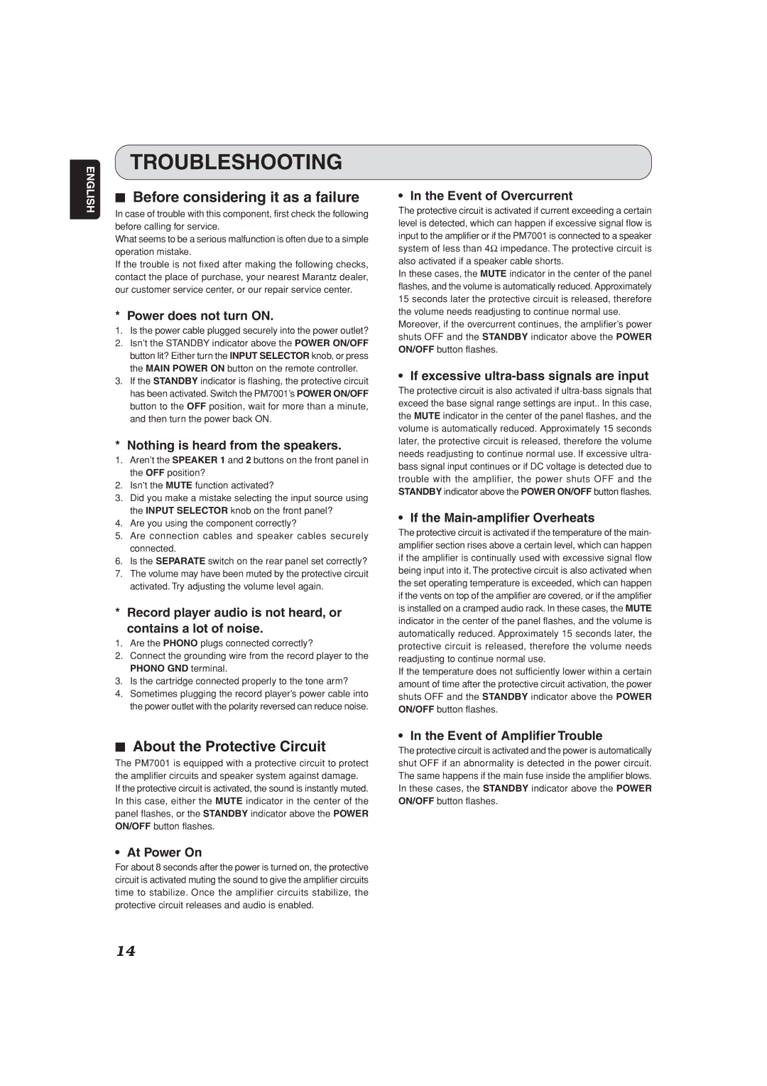 Marantz PM7001 manual Troubleshooting, Before considering it as a failure, About the Protective Circuit 