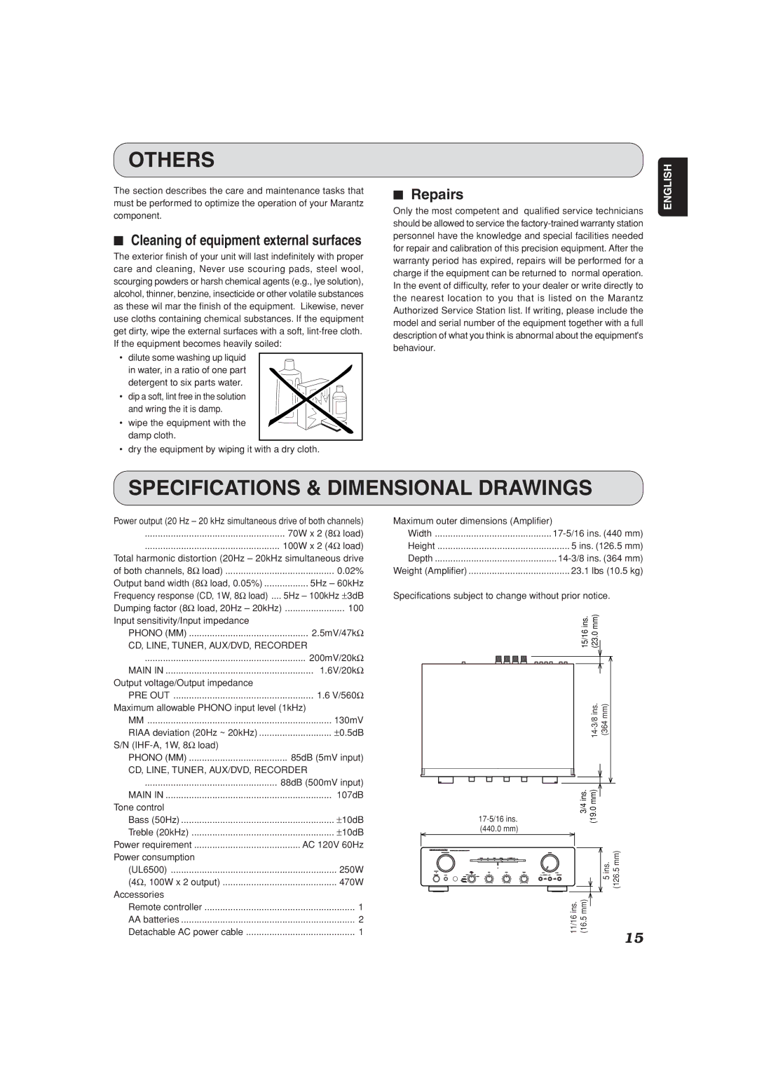 Marantz PM7001 manual Others, Specifications & Dimensional Drawings, Repairs 