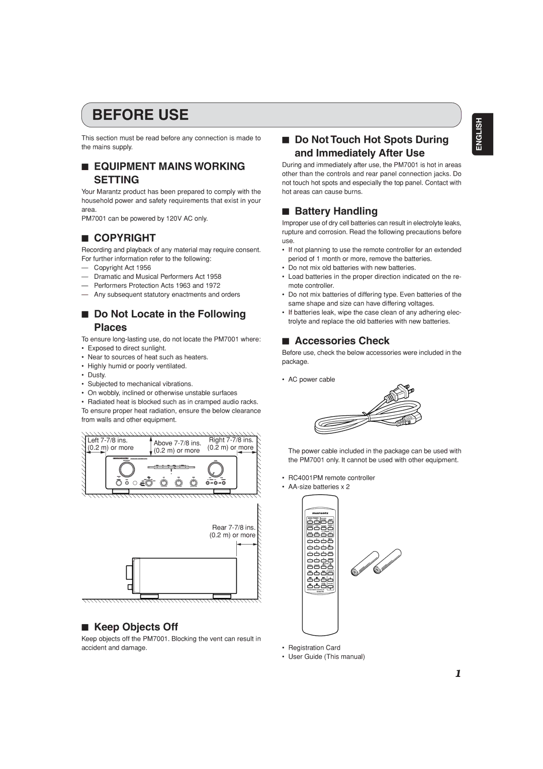 Marantz PM7001 manual Before USE, Equipment Mains Working Setting, Copyright 