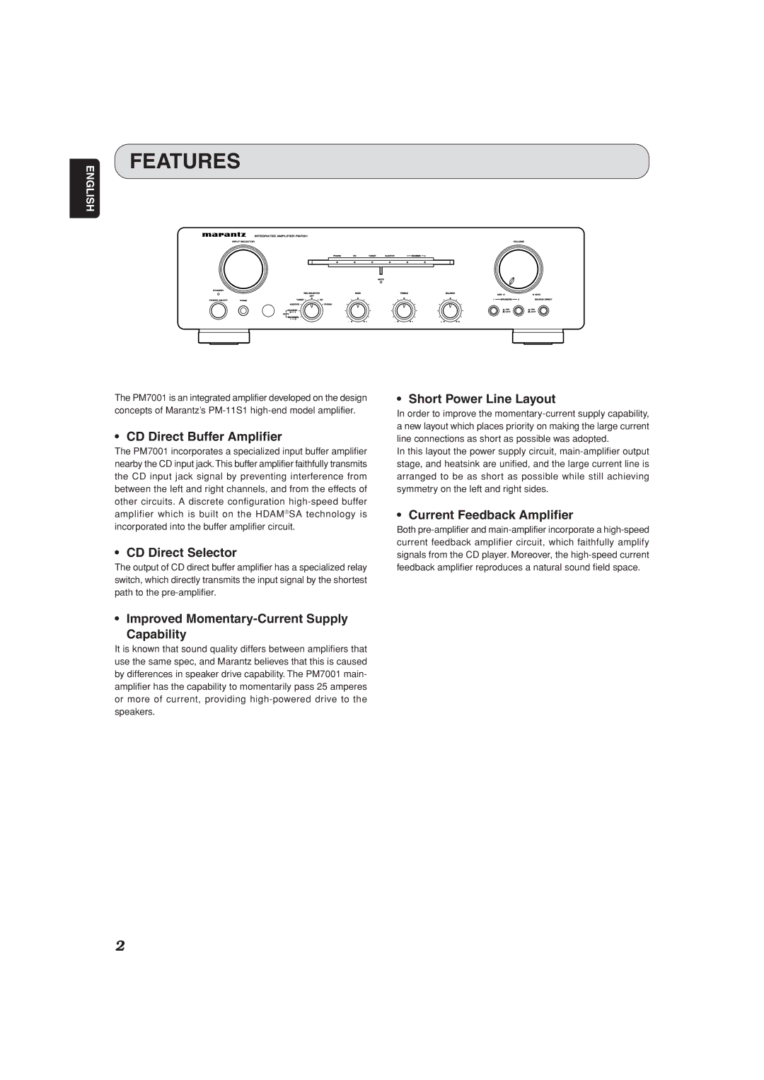 Marantz manual Features, Integrated Amplifier PM7001 