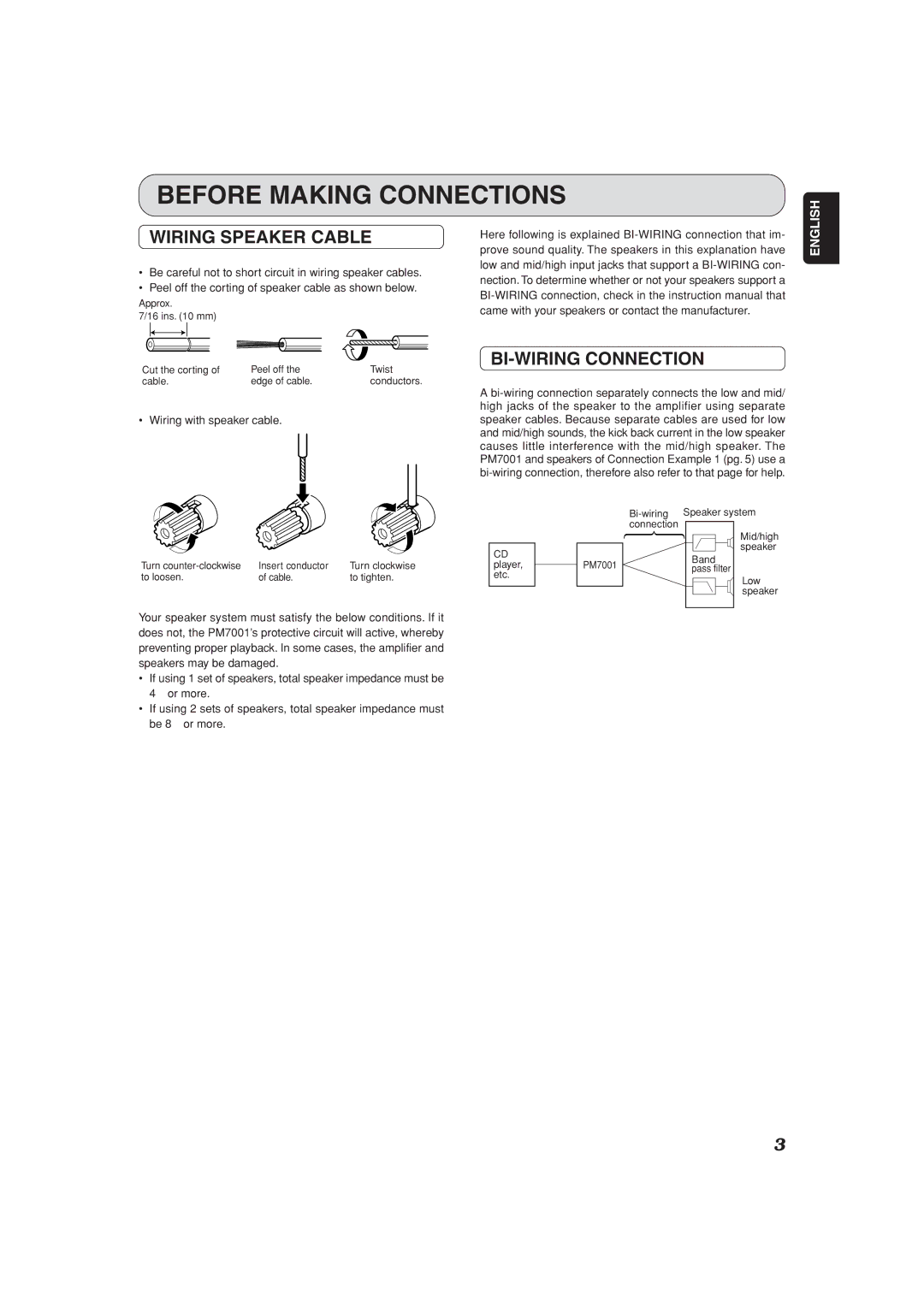 Marantz PM7001 manual Before Making Connections, Wiring Speaker Cable, BI-WIRING Connection 