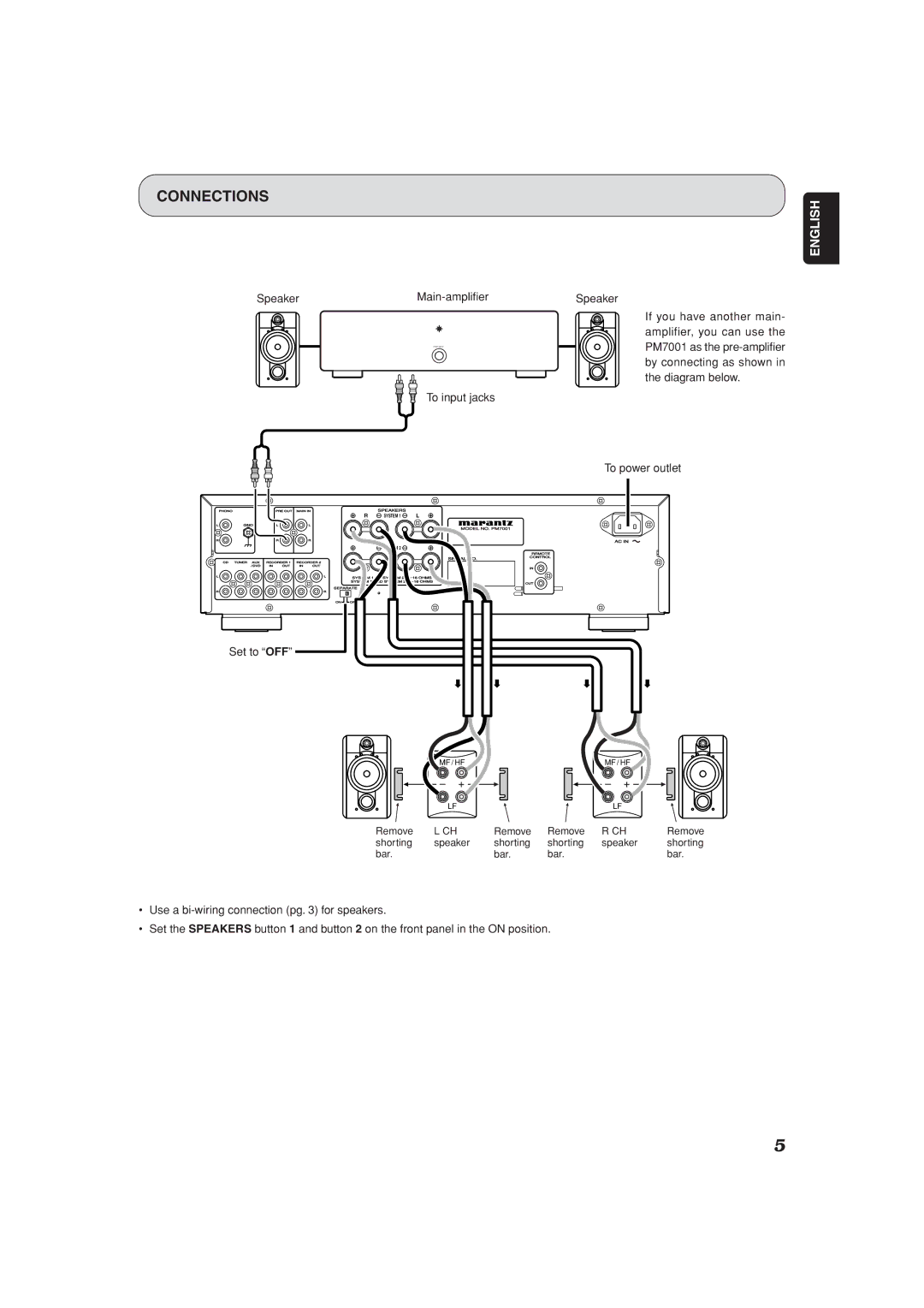 Marantz PM7001 manual Speaker Main-amplifier, To input jacks, To power outlet, Set to OFF 